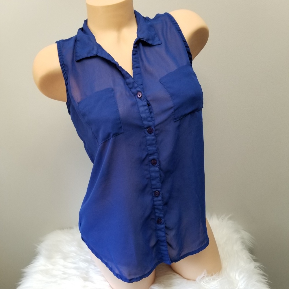 Fun & Flirt Sheer Blue Sleeveless Top Tunic Large